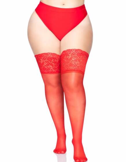 LEG AVENUE - MEDIAS ROJAS AUTOADHESIVAS CON ENCAJE ANCHO PLUS SIZE