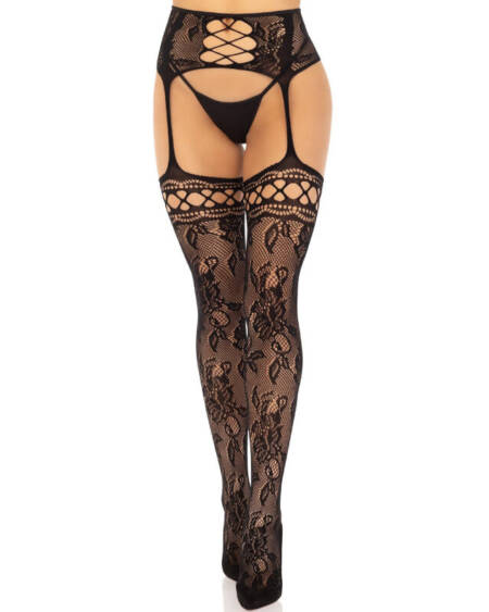 LEG AVENUE - MEDIAS DE LIGUERO ENCAJE FLORAL NEGRO