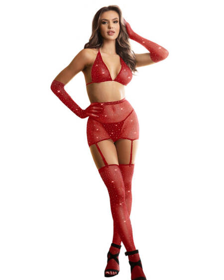 SUBBLIME - 952181 BODYSTOCKING DE REJILLA CON GUANTES Y DIAMANTES ROJO TALLA ÚNICA