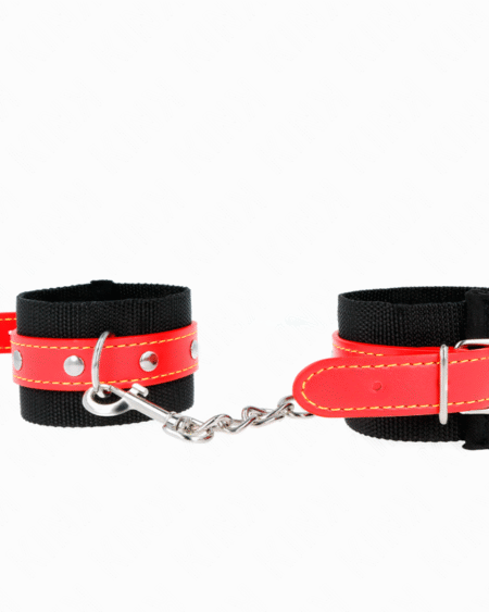 KINK - MUÑEQUERAS DE NYLON NEGRO CON CORREA POLIPIEL ROJO AJUSTABLE 19-24 CM X 5.5 CM