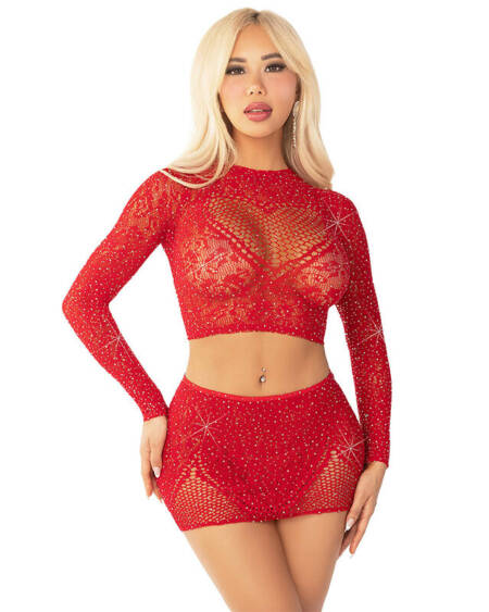 LEG AVENUE - TOP + FALDA DE REJILLA CON BRILLANTES ROJO
