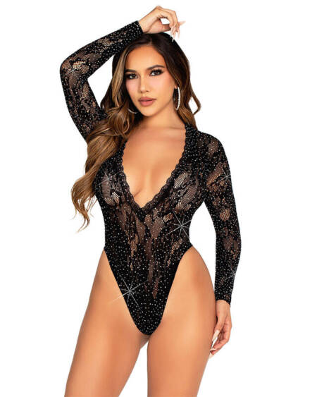 LEG AVENUE - BODY DE ENCAJE Y MANGA LARGA CON DIAMANTES NEGRO TALLA ÚNICA