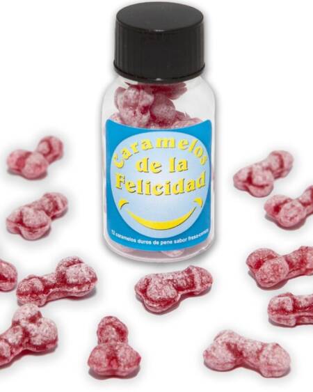 DIABLO PICANTE - BOTE 12 CARAMELOS DE LA FELICIDAD FORMA PENE FRESA/CEREZA
