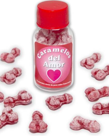 DIABLO PICANTE - 12 CARAMELOS DEL AMOR FORMA PENE FRESA/CEREZA