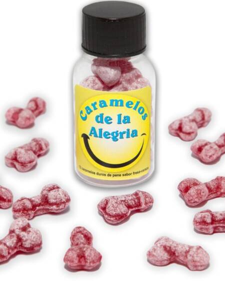 DIABLO PICANTE - 12 CARAMELOS DE LA ALEGRÍA FORMA PENE FRESA/CEREZA