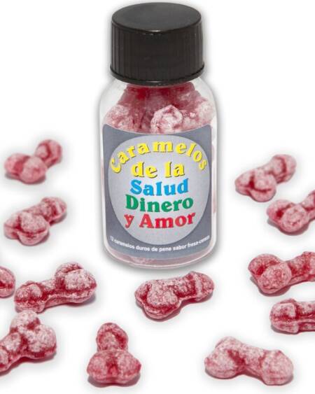 DIABLO PICANTE - 12 CARAMELOS DE LA SALUD-DINERO-AMOR FORMA PENE FRESA/CEREZA