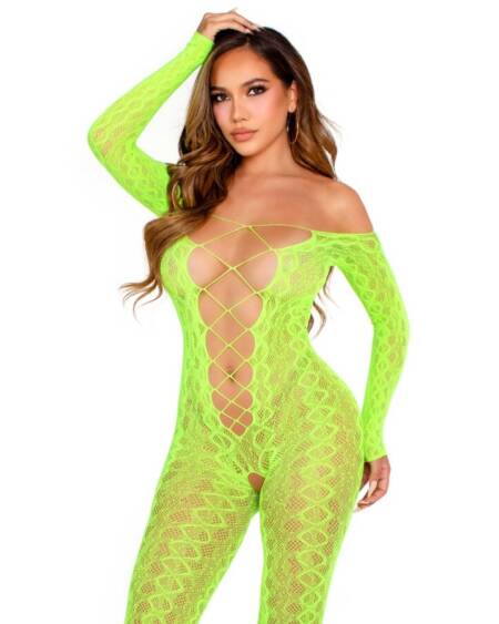 LEG AVENUE - BODYSTOCKING SIN ENTREPIERNA DE ENCAJE DE SERPIENTE EXÓTICA VERDE NEÓN
