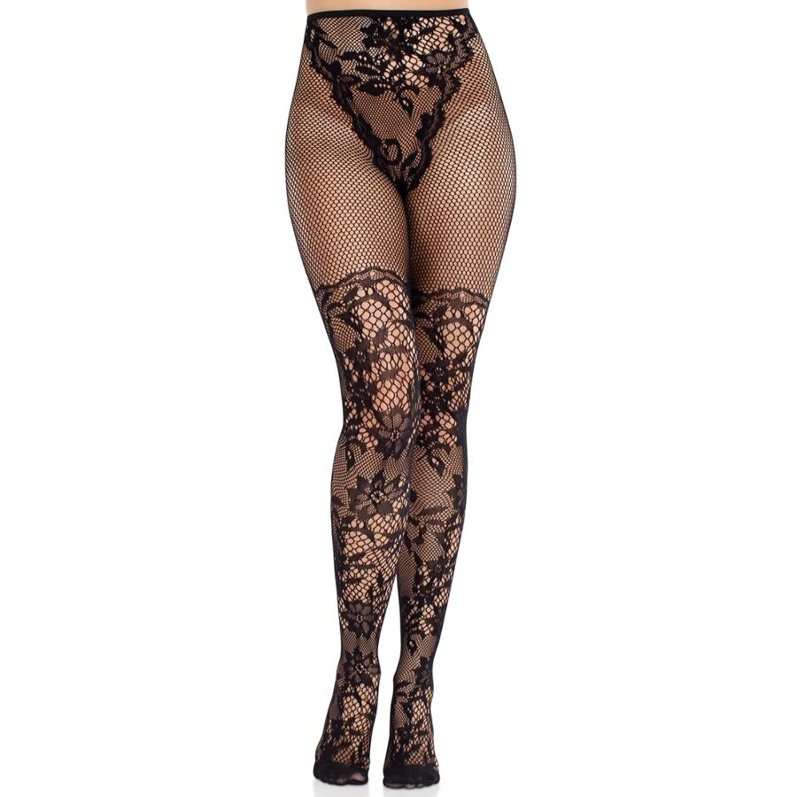 LEG AVENUE - MEDIAS DE ENCAJE DAHLIA CON DETALLE DE RED NEGRO