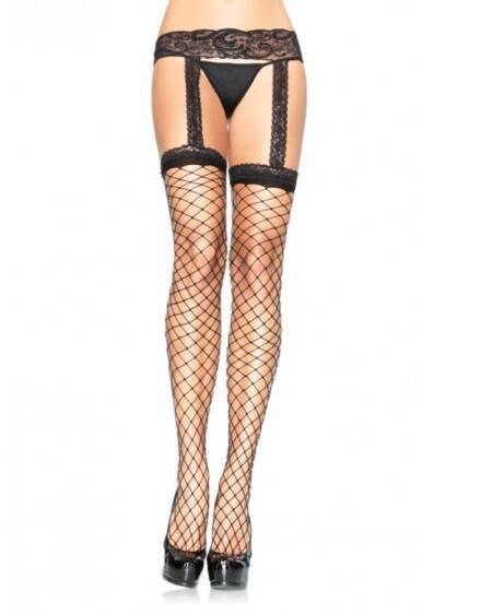 LEG AVENUE - MEDIAS DE RED CON LIGUERO DE ENCAJE NEGRO