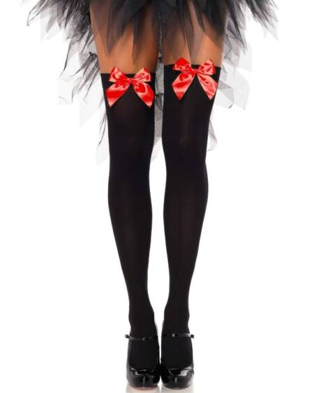 LEG AVENUE - MEDIAS ALTAS NEGRAS CON LACITO ROJO TALLA ÚNICA