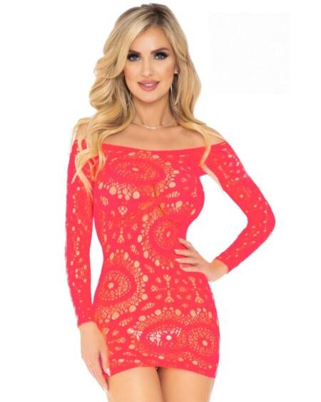 LEG AVENUE - MINI VESTIDO DE ENCAJES MANGA LARGA ROJO TALLA ÚNICA