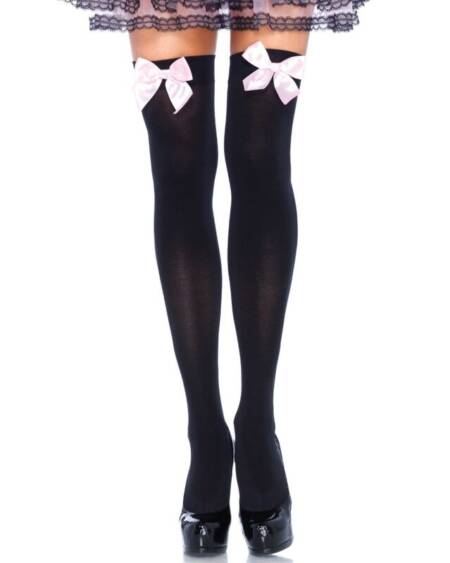 LEG AVENUE - MEDIAS ALTAS NEGRAS CON LACITO ROSA TALLA ÚNICA